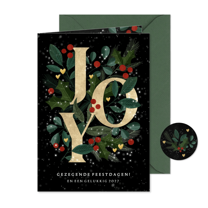 Liefdevolle Christelijke kerstkaart Joy, takjes & hartjes - Kaartimpressie