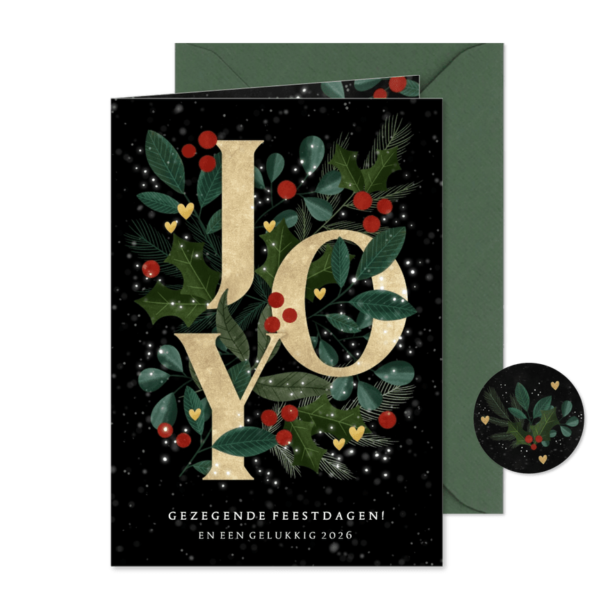 Liefdevolle Christelijke kerstkaart Joy, takjes & hartjes - Kaartimpressie