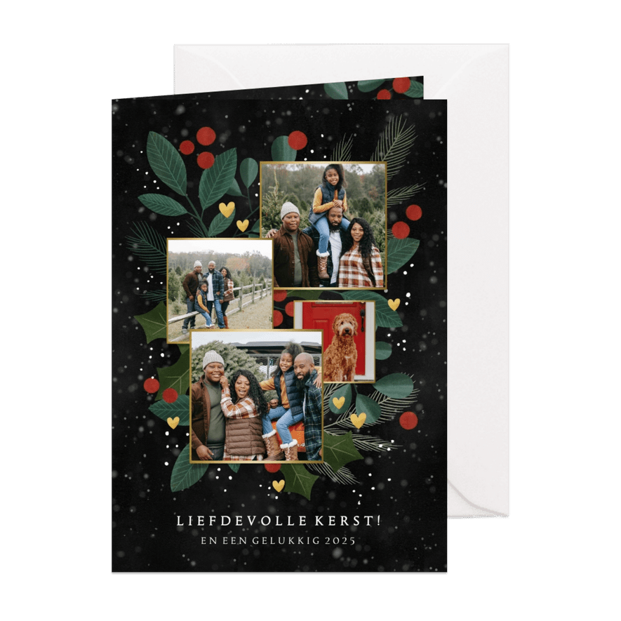 Liefdevolle fotocollage kerstkaart met takjes en hartjes - Kaartimpressie