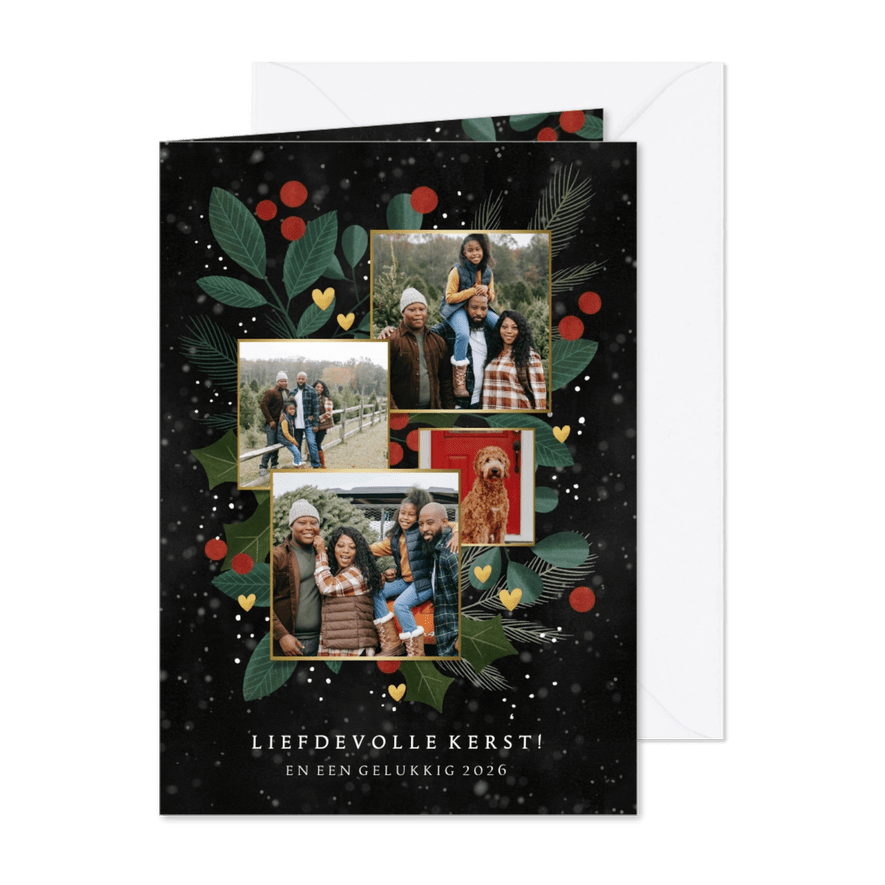 Liefdevolle fotocollage kerstkaart met takjes en hartjes - Kaartimpressie