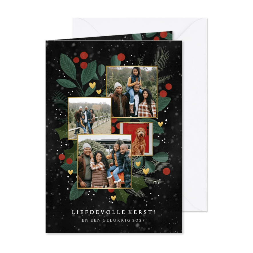 Liefdevolle fotocollage kerstkaart met takjes en hartjes - Kaartimpressie