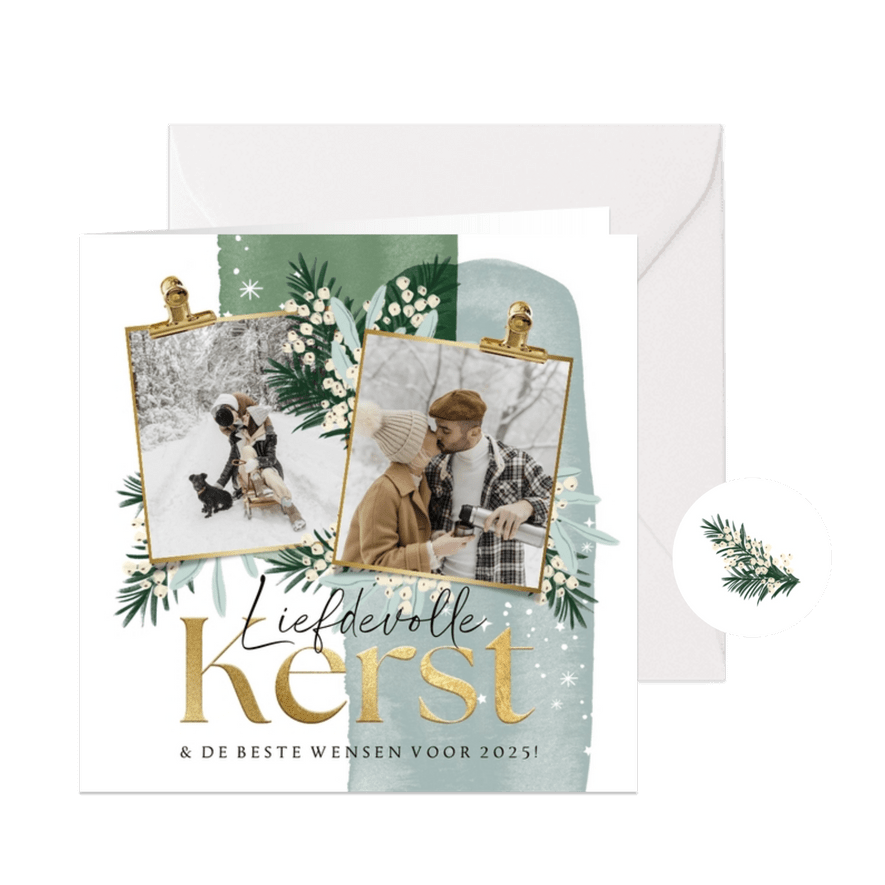 Liefdevolle kerstkaart 2 foto's kersttakken watercolor ster - Kaartimpressie