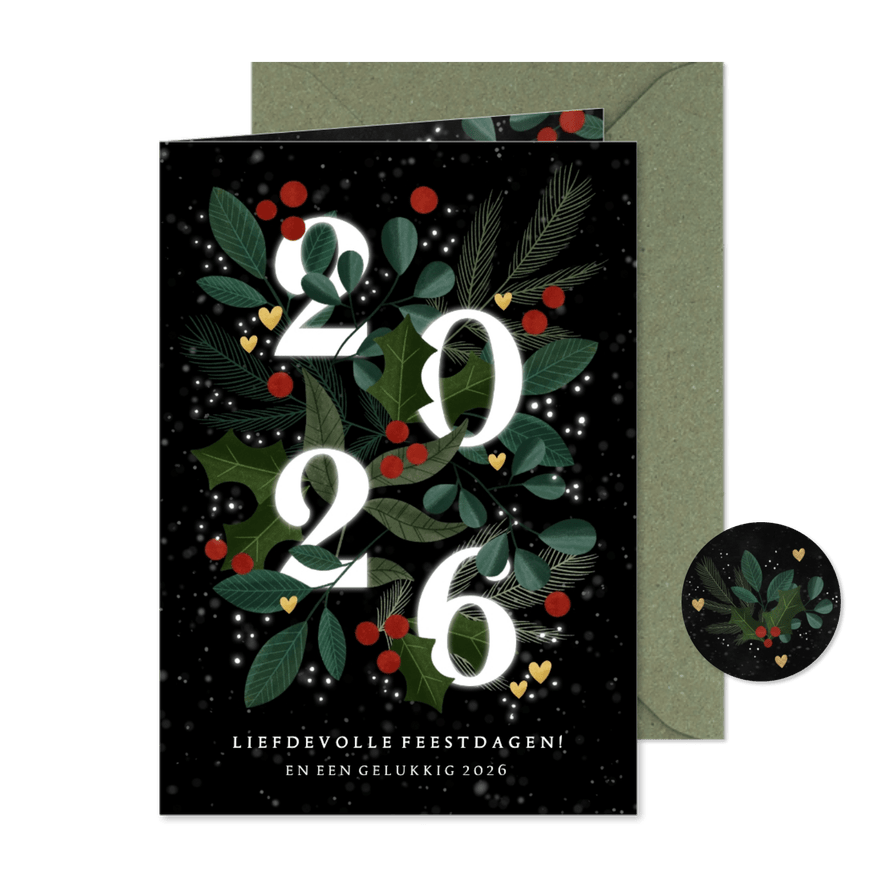 Liefdevolle kerstkaart 2026 met takjes & hartjes - Kaartimpressie