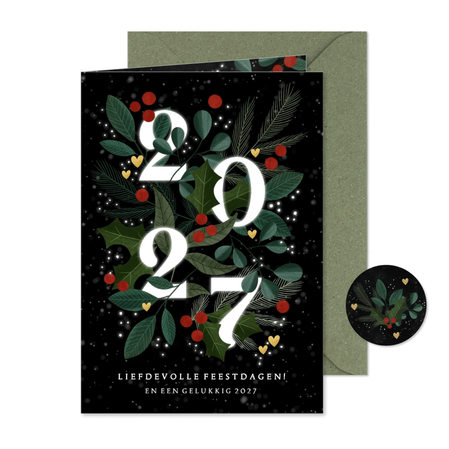 Liefdevolle kerstkaart 2027 met takjes & hartjes - Kaartimpressie