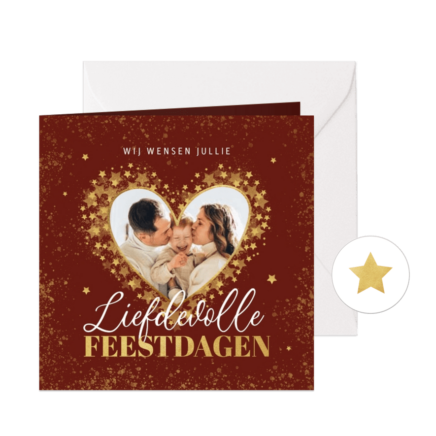 Liefdevolle kerstkaart goud sterretjes hart foto - Kaartimpressie