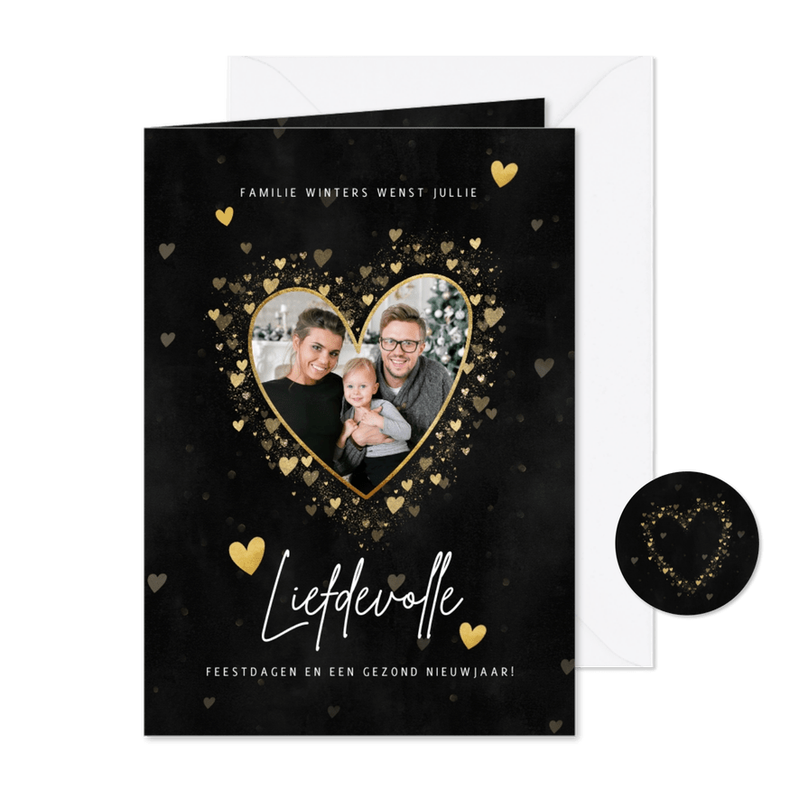 Liefdevolle kerstkaart gouden hartjes, spetters en foto - Kaartimpressie