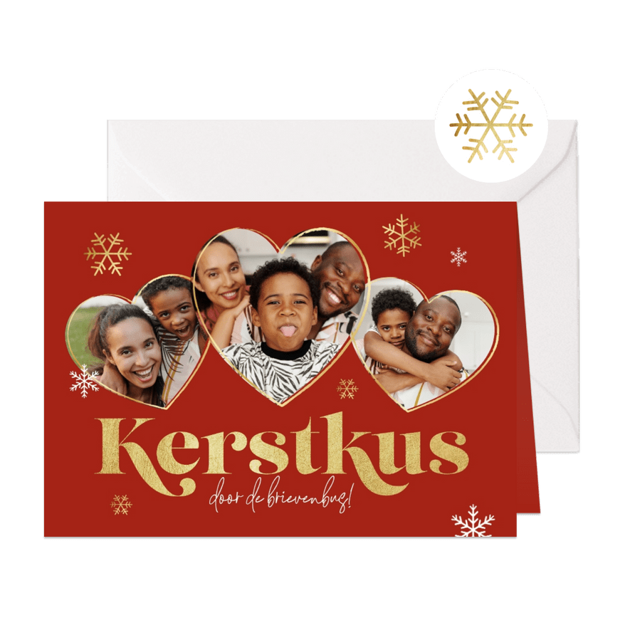 Liefdevolle kerstkaart hartjes goud sneeuw kerstkus foto's - Kaartimpressie