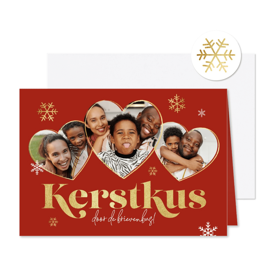 Liefdevolle kerstkaart hartjes goud sneeuw kerstkus foto's - Kaartimpressie