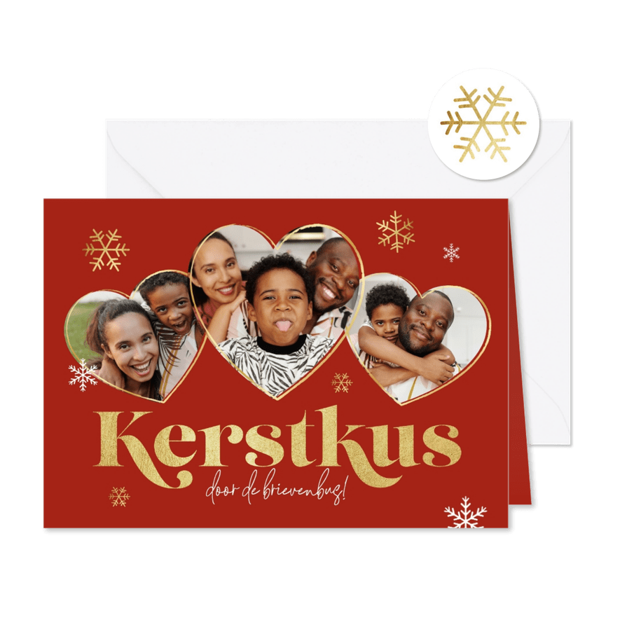 Liefdevolle kerstkaart hartjes goud sneeuw kerstkus foto's - Kaartimpressie