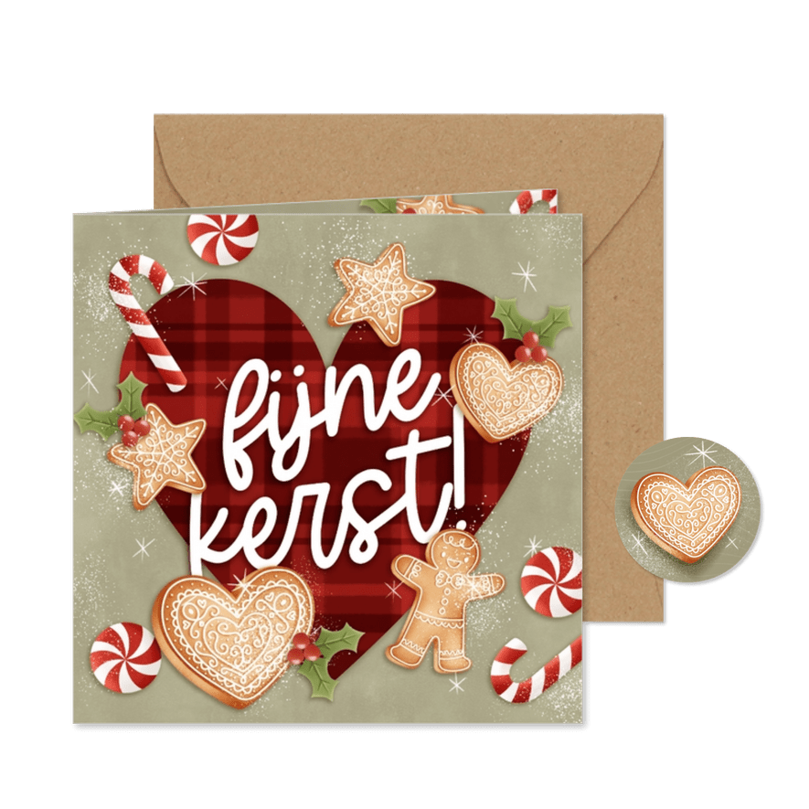 Liefdevolle kerstkaart kerstkoekjes zuurstok 'Fijne Kerst!' - Kaartimpressie