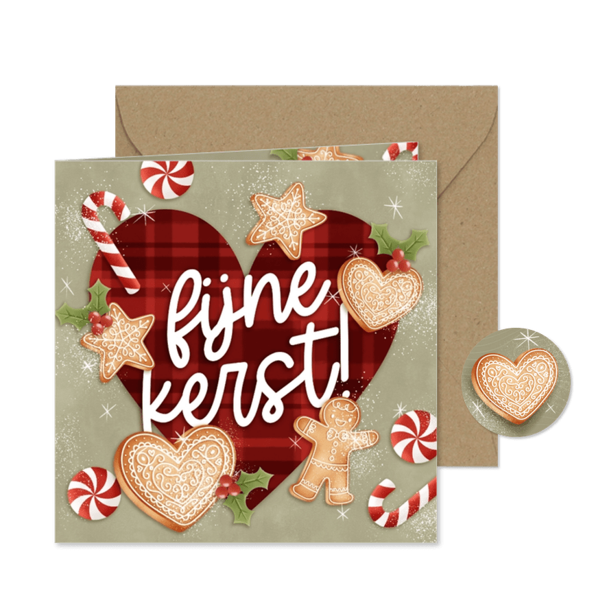 Liefdevolle kerstkaart kerstkoekjes zuurstok 'Fijne Kerst!' - Kaartimpressie