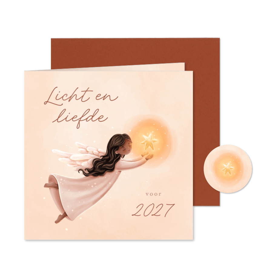 Liefdevolle kerstkaart licht en liefde engel met ster - Kaartimpressie