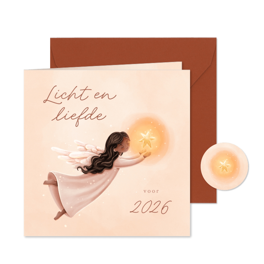 Liefdevolle kerstkaart licht en liefde engel met ster - Kaartimpressie