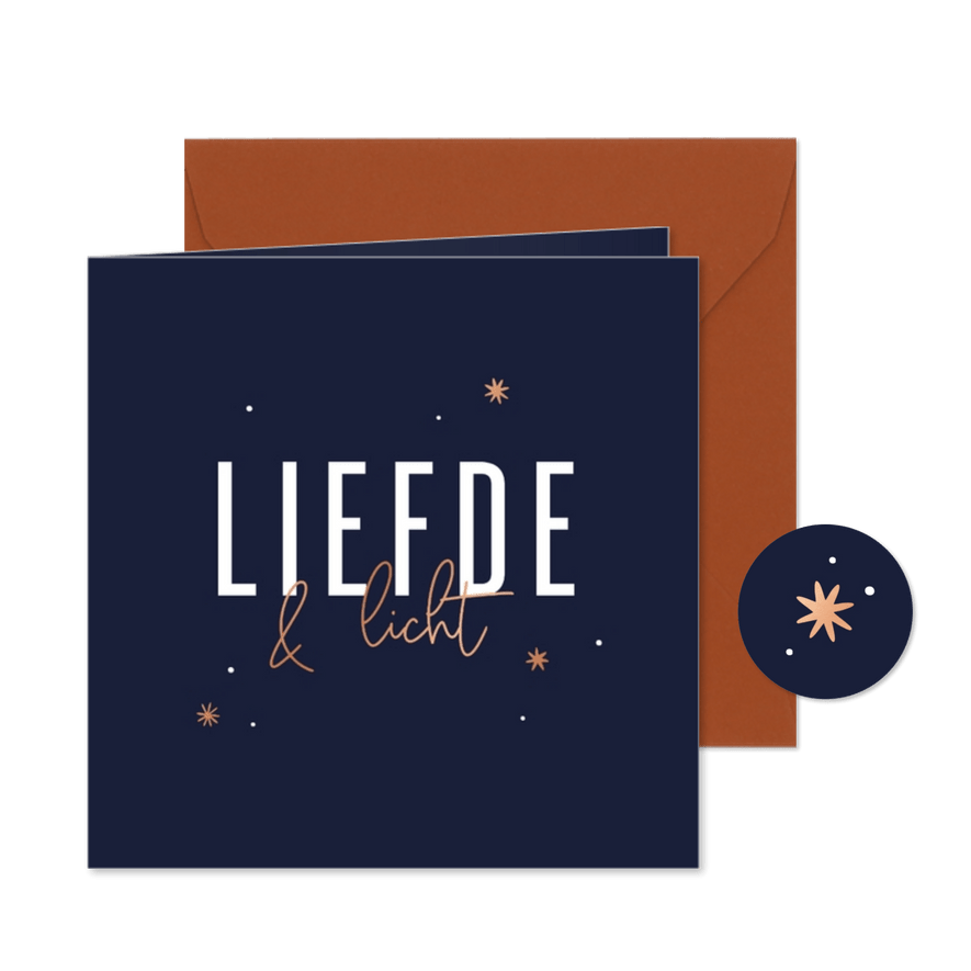  Liefdevolle kerstkaart liefde & licht met koperen sterren - Kaartimpressie