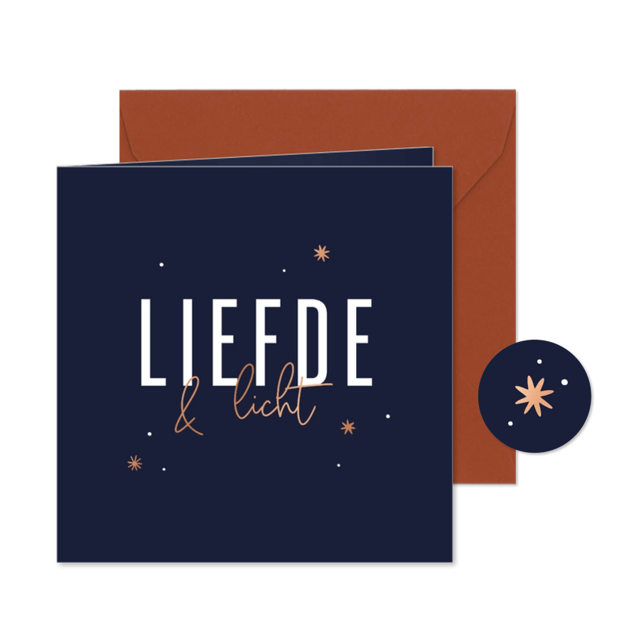 Liefdevolle kerstkaart liefde & licht met koperen sterren - Kaartimpressie