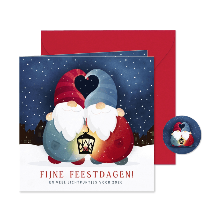 Liefdevolle kerstkaart met 2 kerstkabouters in de sneeuw  - Kaartimpressie