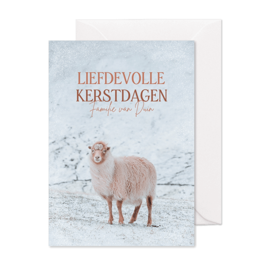 Liefdevolle kerstkaart met een schaap - Kaartimpressie