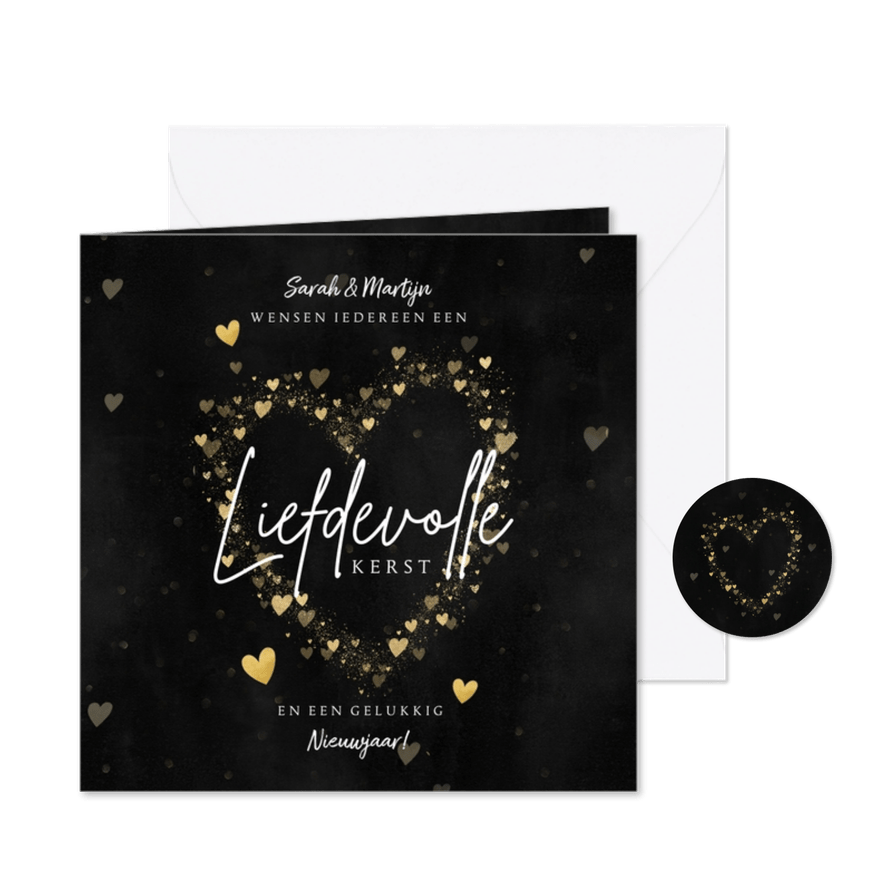 Liefdevolle kerstkaart met foto, gouden hartjes en spetters - Kaartimpressie