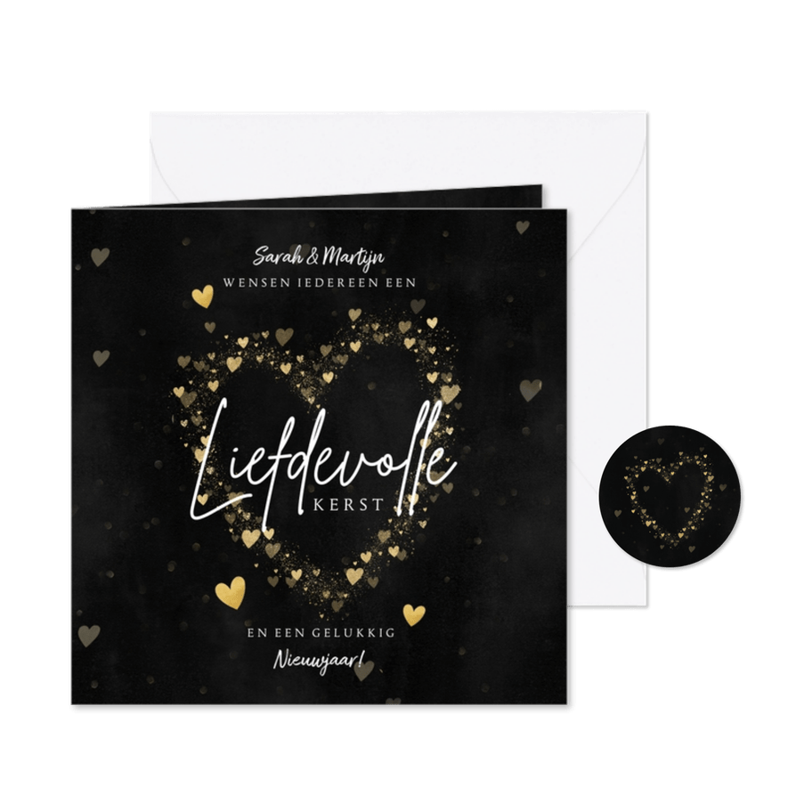 Liefdevolle kerstkaart met foto, gouden hartjes en spetters - Kaartimpressie