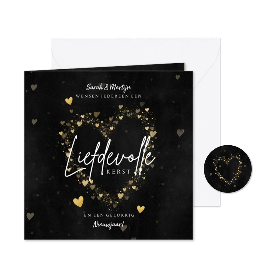Liefdevolle kerstkaart met foto, gouden hartjes en spetters - Kaartimpressie