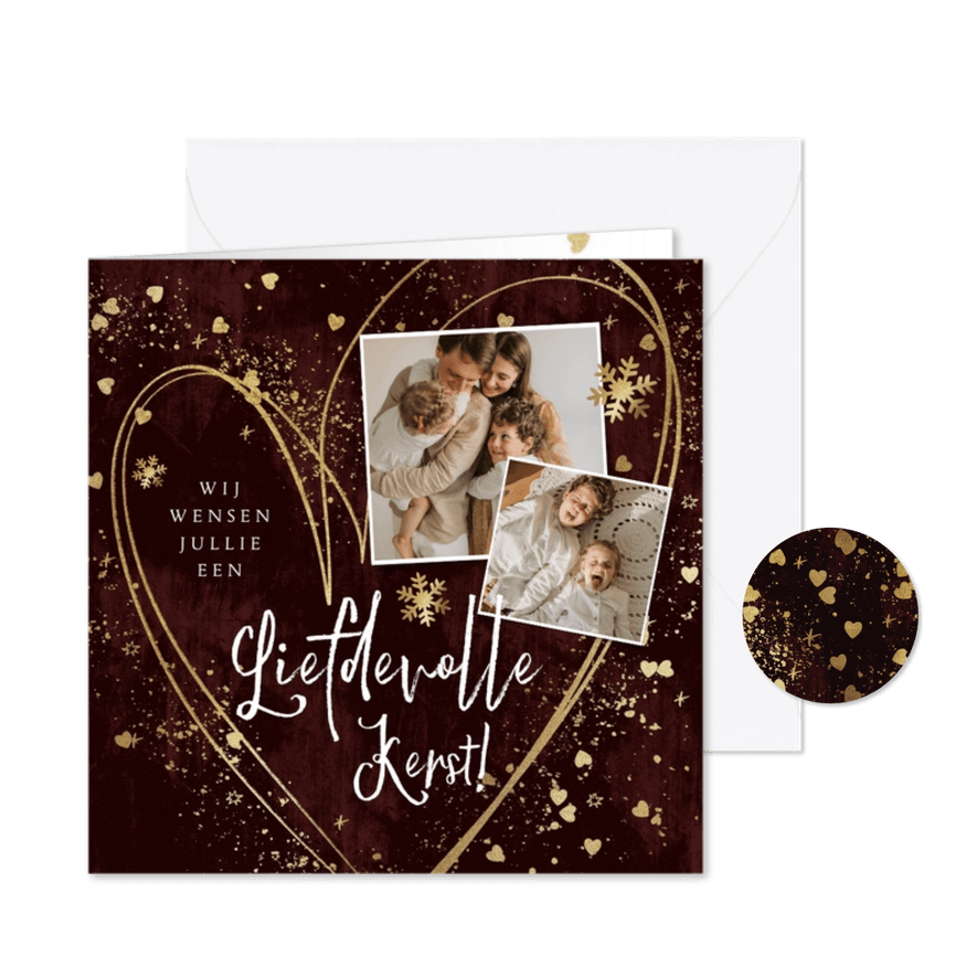 Liefdevolle kerstkaart met hart sterretjes en spetters goud - Kaartimpressie