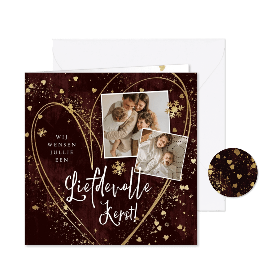 Liefdevolle kerstkaart met hart sterretjes en spetters goud - Kaartimpressie