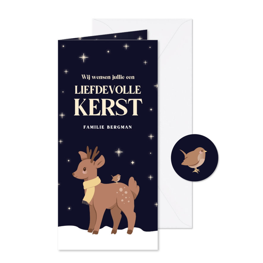 Liefdevolle kerstkaart met hertje vogel en sterren - Kaartimpressie