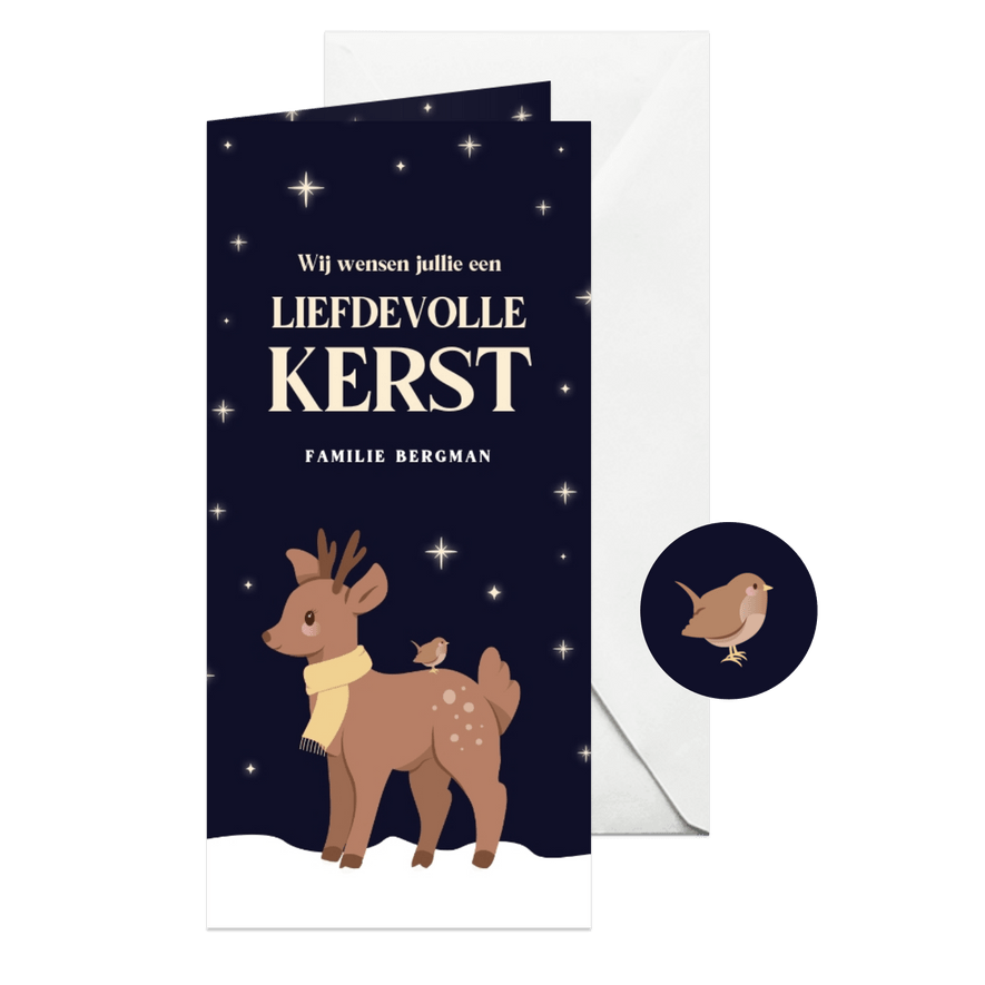 Liefdevolle kerstkaart met hertje vogel en sterren - Kaartimpressie