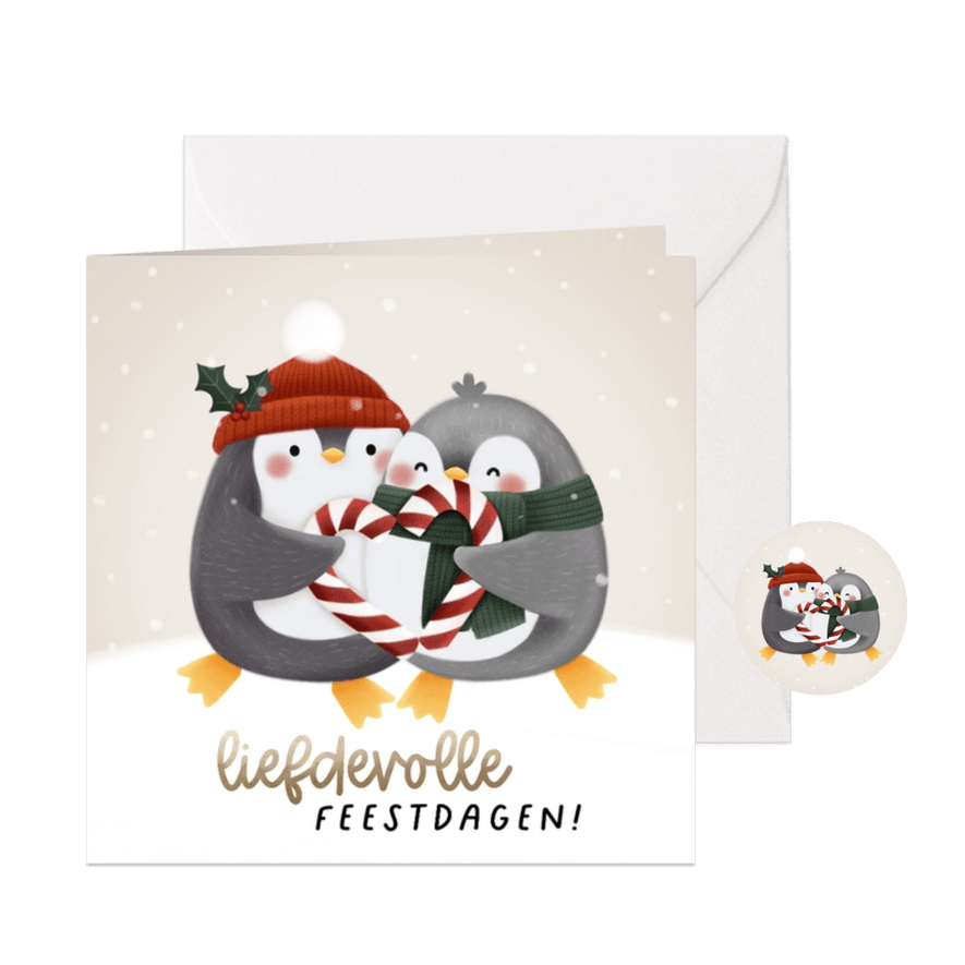 Liefdevolle kerstkaart pinguïns zuurstok hartje en sneeuw - Kaartimpressie