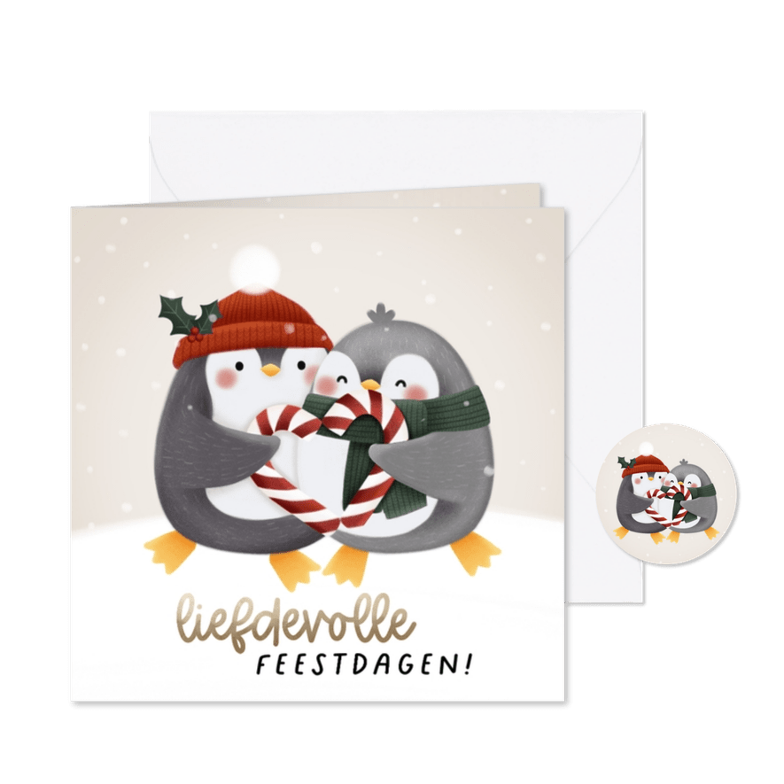 Liefdevolle kerstkaart pinguïns zuurstok hartje en sneeuw - Kaartimpressie