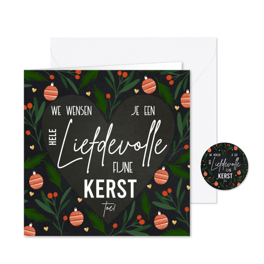 Liefdevolle kerstkaart tekst in hartvorm en kerstelementen - Kaartimpressie