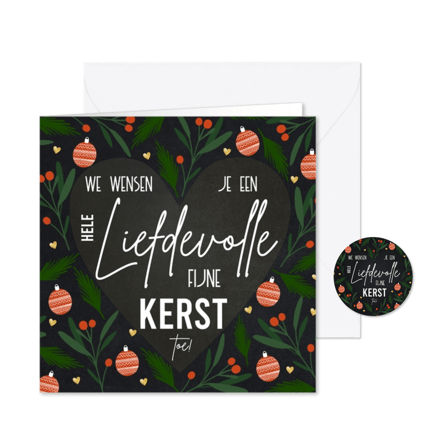 Liefdevolle kerstkaart tekst in hartvorm en kerstelementen - Kaartimpressie