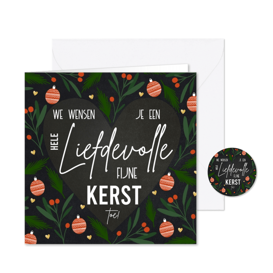Liefdevolle kerstkaart tekst in hartvorm en kerstelementen - Kaartimpressie