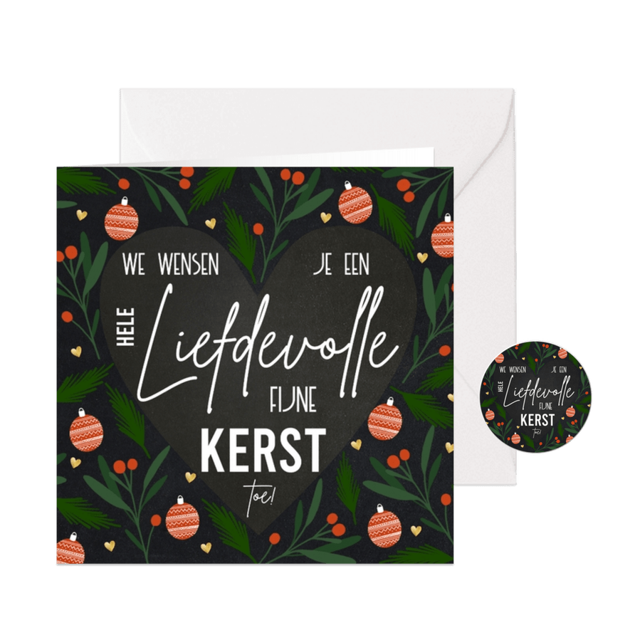 Liefdevolle kerstkaart tekst in hartvorm en kerstelementen - Kaartimpressie