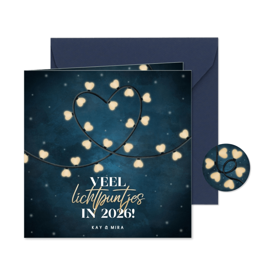 Liefdevolle kerstkaart veel lichtpuntjes in 2026 met lampjes - Kaartimpressie