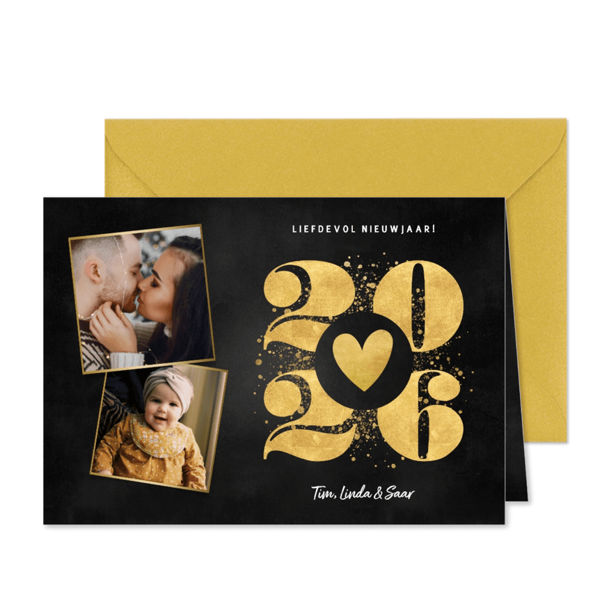 Liefdevolle nieuwjaarskaart goudlook 2026 hartje en foto's - Kaartimpressie