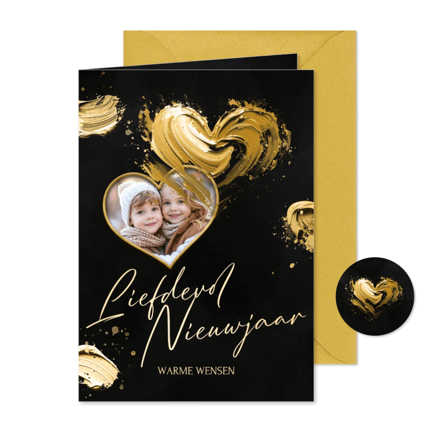 Liefdevolle nieuwjaarskaart met foto en geschilderd hart - Kaartimpressie