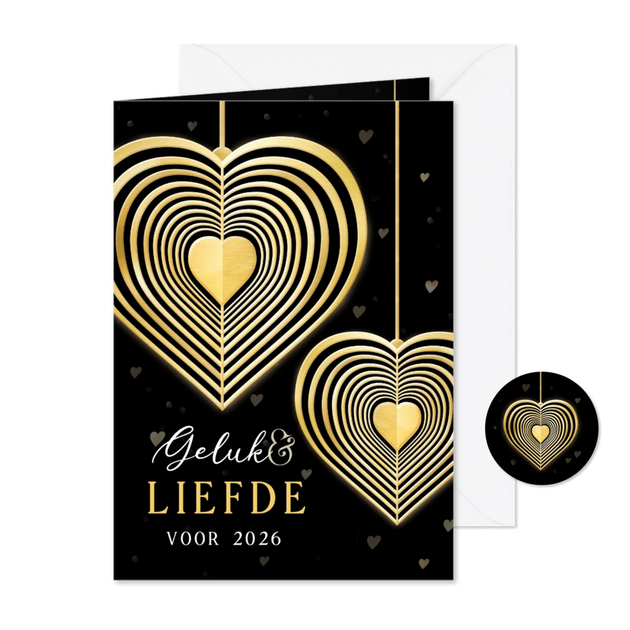 Liefdevolle nieuwjaarskaart met goudlook hart windvanger - Kaartimpressie