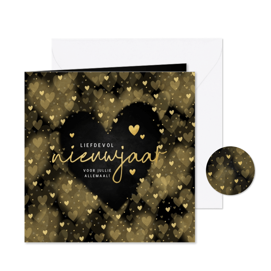 Liefdevolle nieuwjaarskaart met goudlook hartjes - Kaartimpressie