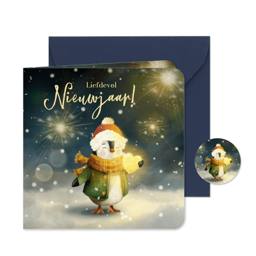 Liefdevolle nieuwjaarskaart met pinguïn en een hartje - Kaartimpressie