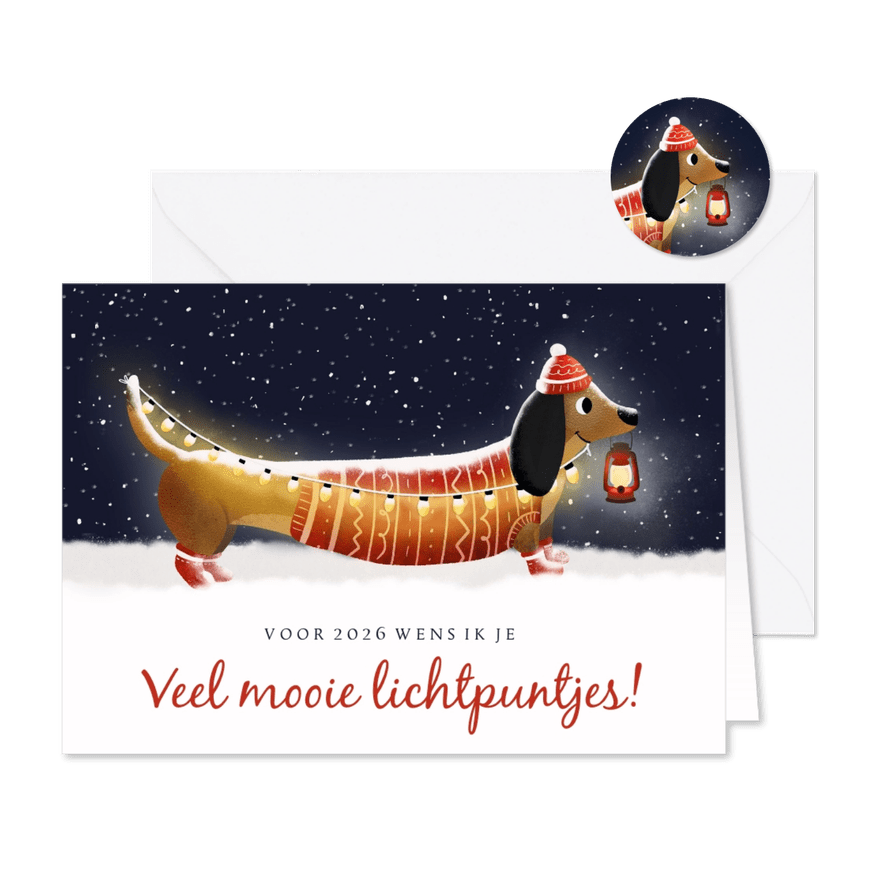 Liefdevolle nieuwjaarskaart Teckel met lampjes in de sneeuw - Kaartimpressie