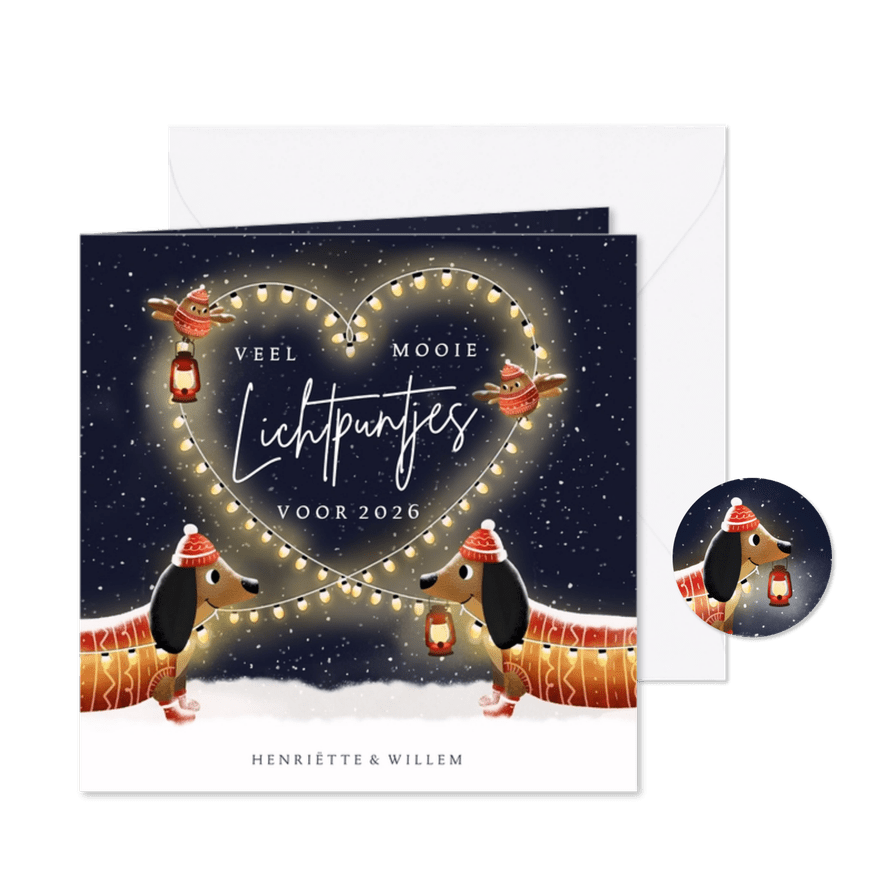 Liefdevolle nieuwjaarskaart teckels - veel lichtpuntjes! - Kaartimpressie