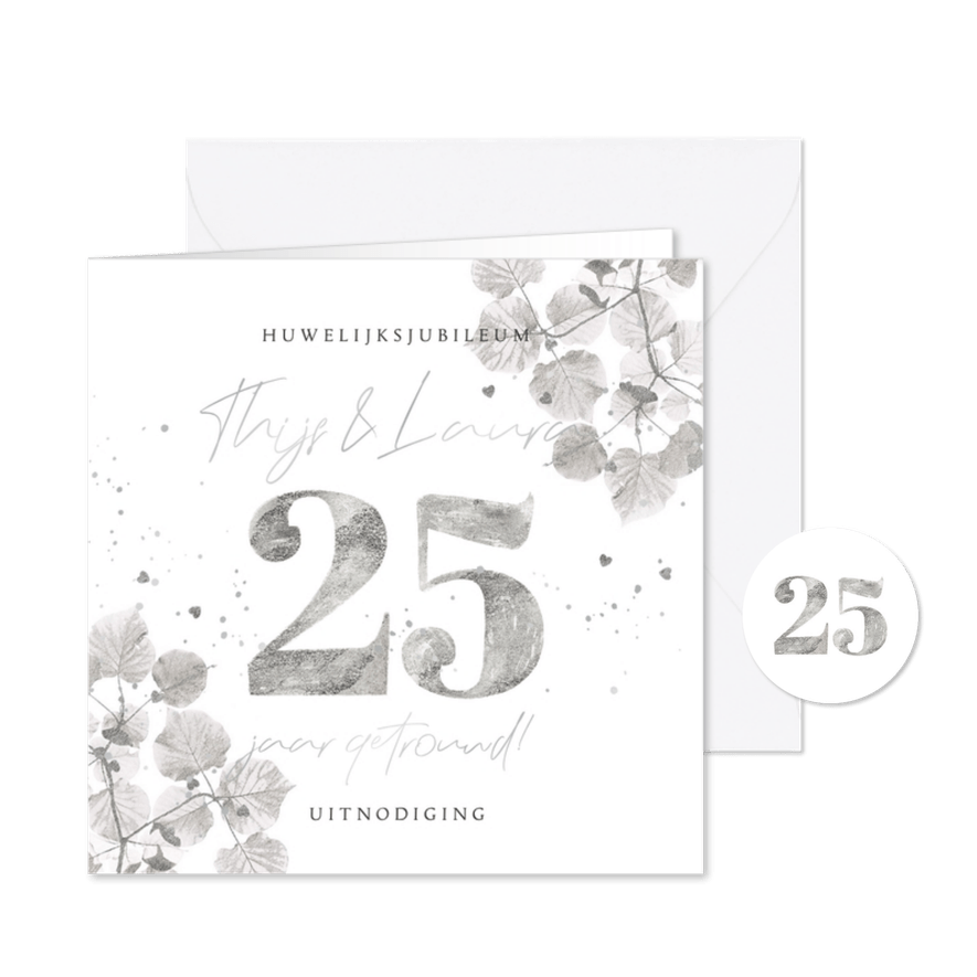 Liefdevolle uitnodiging jubileum 25 jaar botanisch zilver - Kaartimpressie