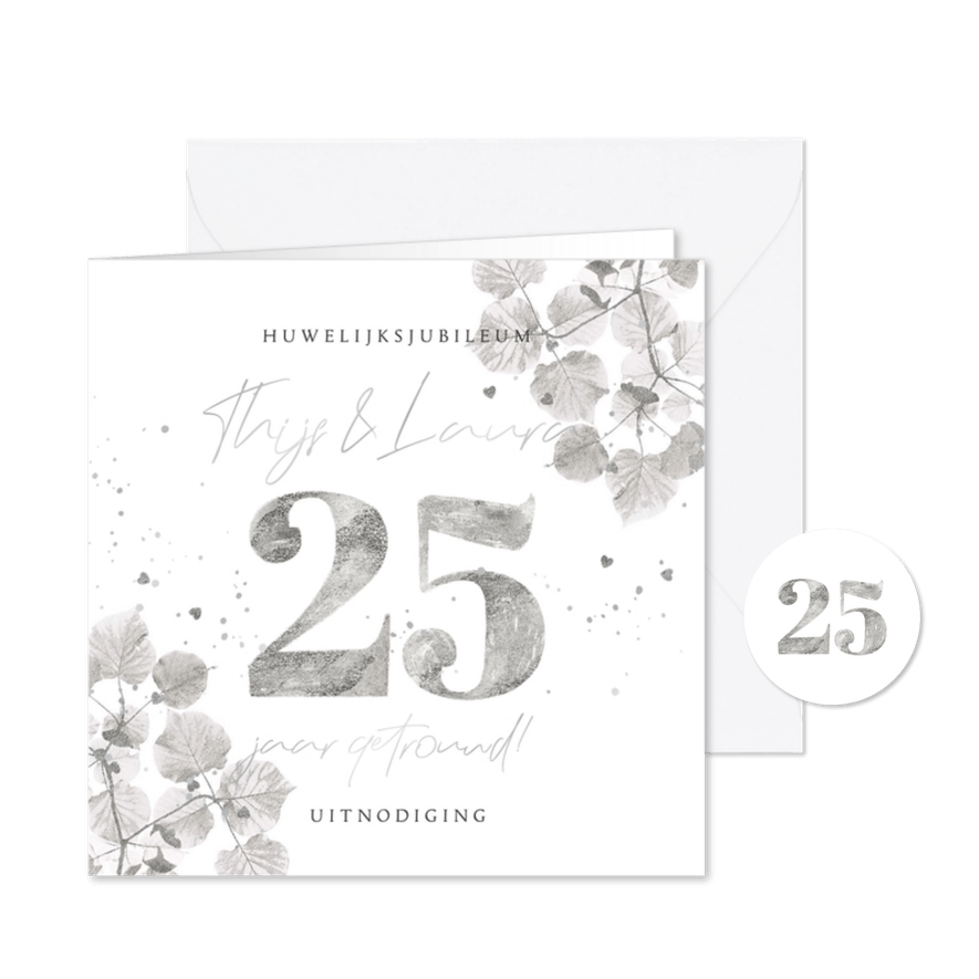 Liefdevolle uitnodiging jubileum 25 jaar botanisch zilver - Kaartimpressie