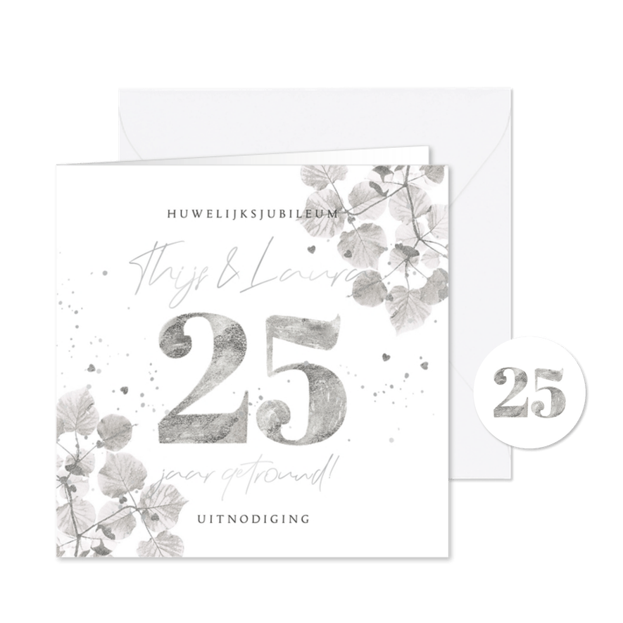 Liefdevolle uitnodiging jubileum 25 jaar botanisch zilver - Kaartimpressie
