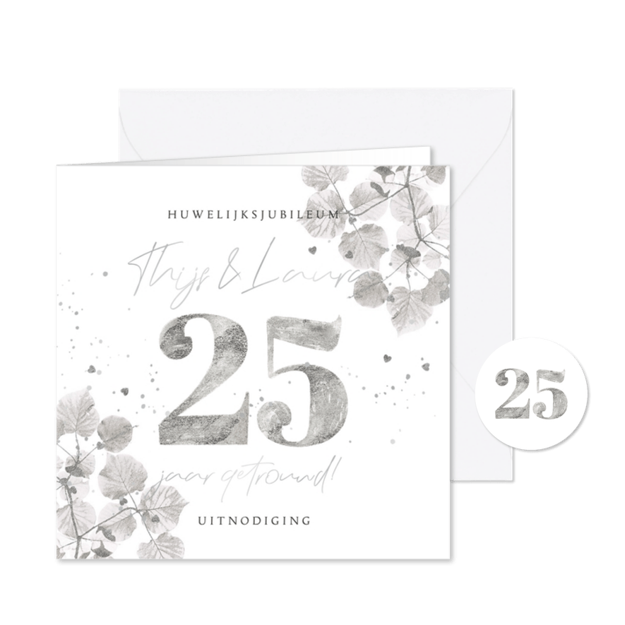 Liefdevolle uitnodiging jubileum 25 jaar botanisch zilver - Kaartimpressie