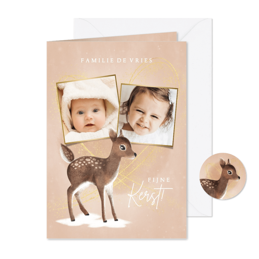 Liefdevolle warme kerstkaart met hertje hart en foto's - Kaartimpressie