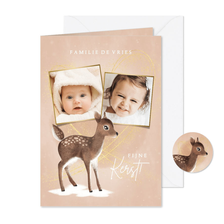 Liefdevolle warme kerstkaart met hertje hart en foto's - Kaartimpressie