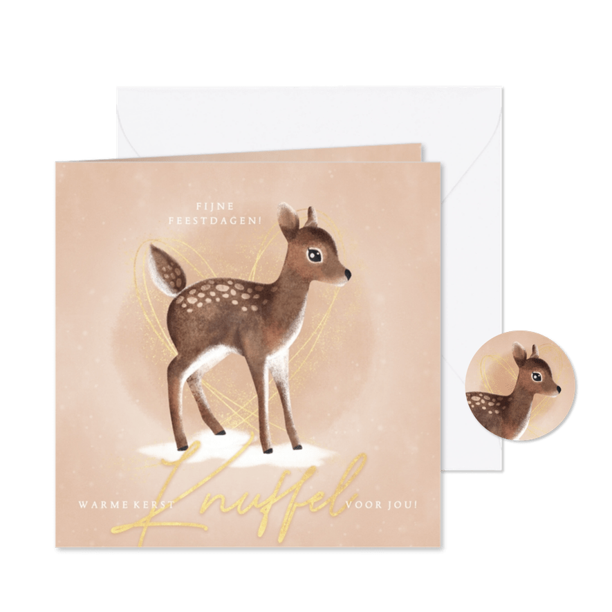 Liefdevolle, warme kerstkaart met hertje, hartje en sneeuw - Kaartimpressie