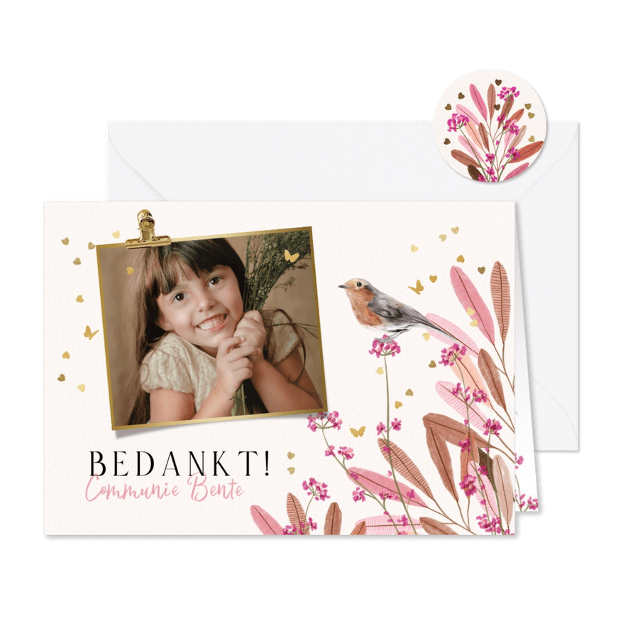 Lieve bedankkaart communie bladeren roze vogel vlinders goud - Kaartimpressie